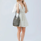 Women Woven hand bag summer design hollow-out wooden bead tote bucket shoulder bag female Reticulate netted canvas beach handbag