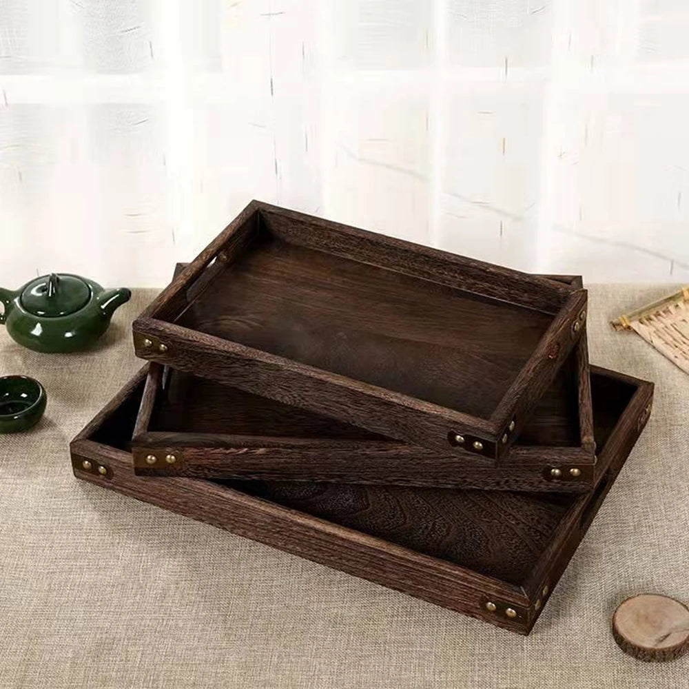 Wooden Rectangular Tea Tray Handmade Classic Wooden Dessert Candy Tea Tray Dinner With Handles Kitchen Decorative Wood Plate