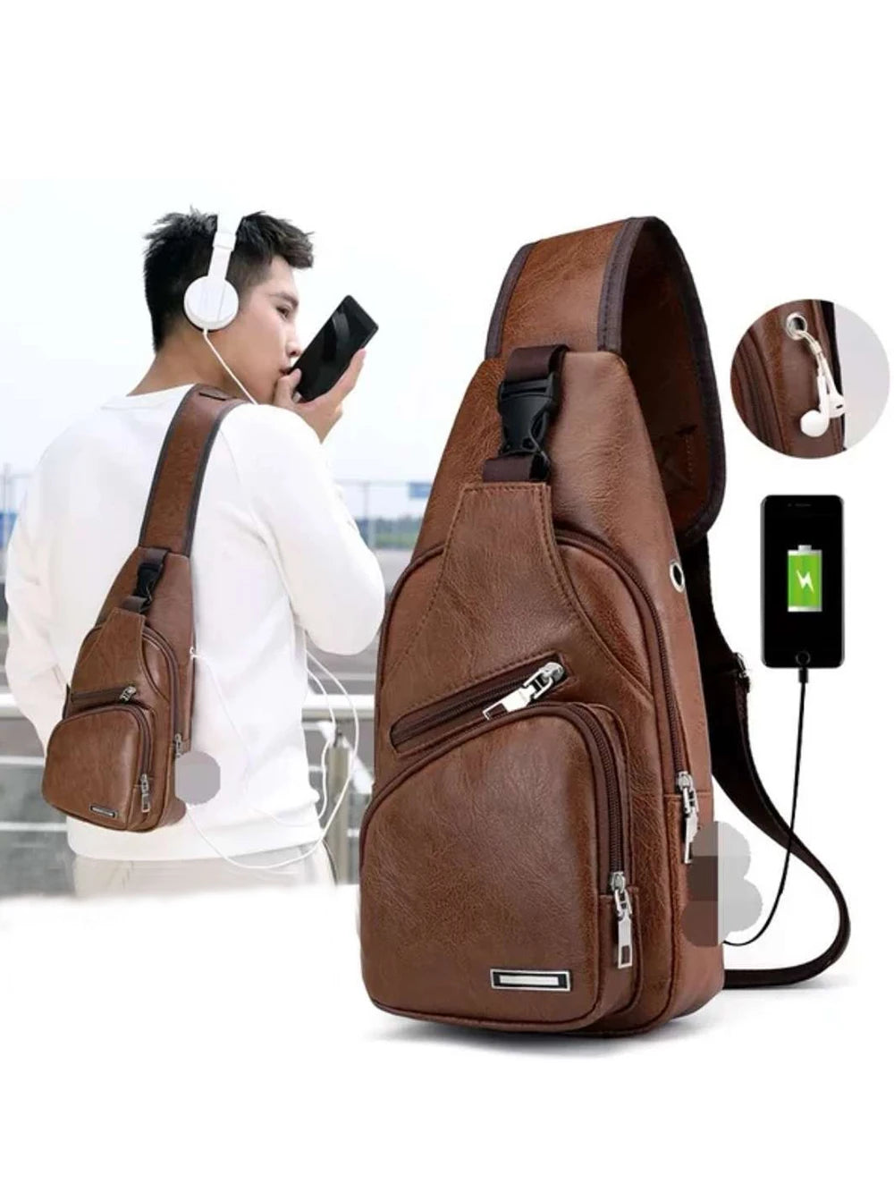 Simple and Fashionable Casual Solid Color PU Multifunctional USB Charging Zipper MEN'S Chest Bag Crossbody Bag for Commuting