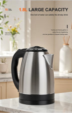 Stainless Steel Electric Kettle 1.8L 220V Silver Black Base Separation Desion Rust-resistant Durable for Home During Travel