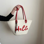 Simple Fashion Big Tote Bags For Women Cotton Fabric Woven Design Letter Embroidered  Luxury Large Capacity Shopper Shoulder Bag