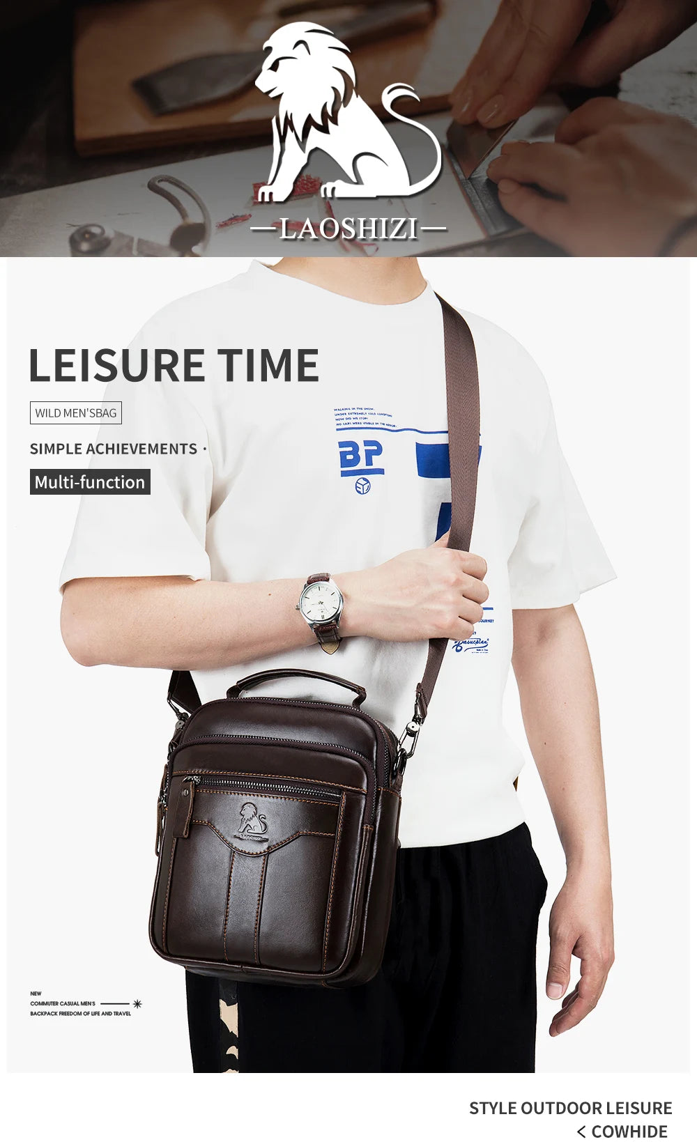 Men's crossbody bag, fashionable leather bag, trendy retro men's top layer cowhide shoulder bag