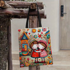 Whimsical Fairy-Tale World Print Tote Bag - Vibrant Mixed Colors, Reusable Foldable Shopping Bag with Fixed Shoulder Straps