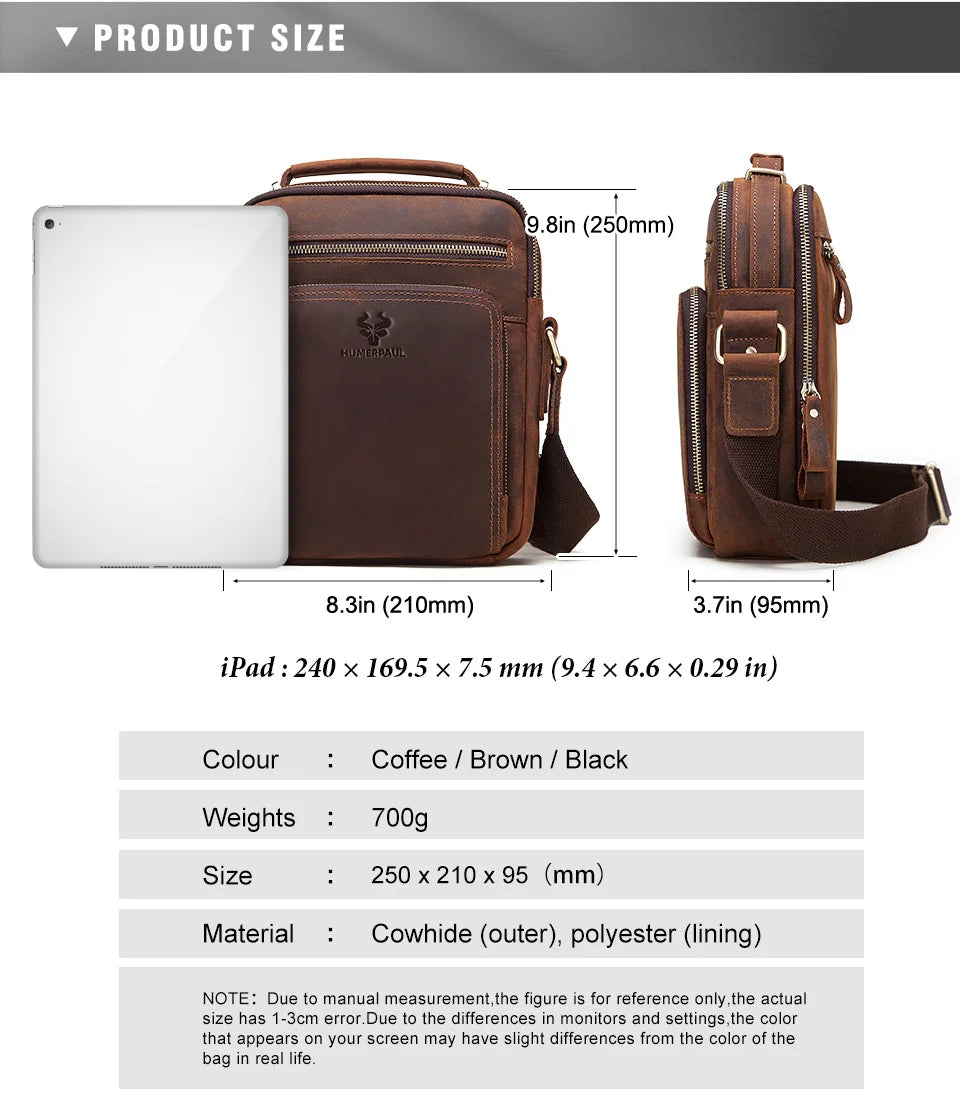 Genuine Leather Men's Shoulder Bag Vintage Cross Bags Large Capacity Male Messenger Tote Bag Travel Bolso Hombres