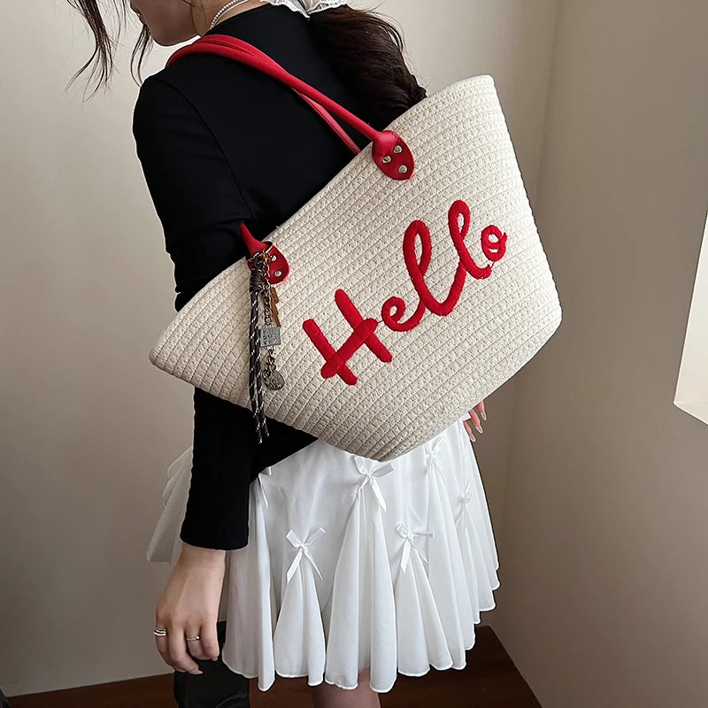 Simple Fashion Big Tote Bags For Women Cotton Fabric Woven Design Letter Embroidered  Luxury Large Capacity Shopper Shoulder Bag