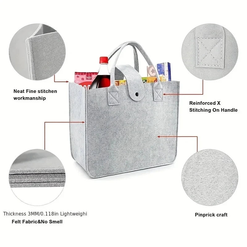 Tote Bag Women Shopping Bag Felt Foldable Grocery Basket  Storage Organizer Utility Tote Handbag for Picnic Beach Pool Travel