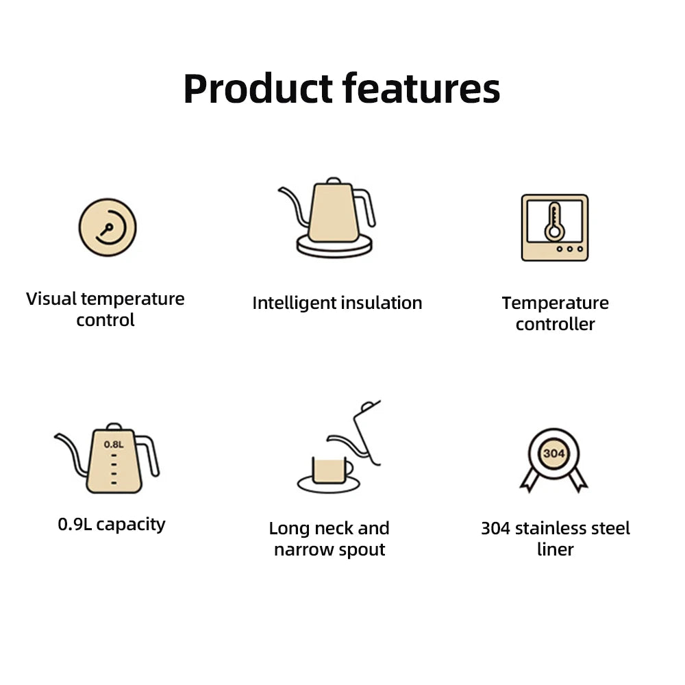 Gooseneck Electric Kettle 0.9L Temperature Control Stainless Steel Inner Heating 1200W Electric Kettles Anti-dry Protection