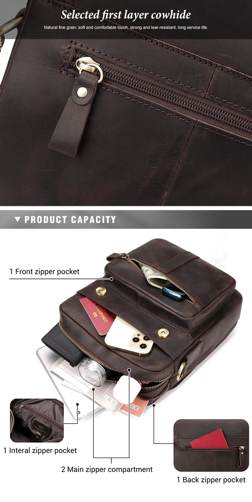 Genuine Leather Men's Shoulder Bag Luxury Work Business Messenger Bags Fashion Male Crossbody with Adjustable Straps