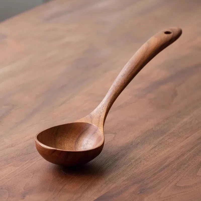 Teak Wooden Ladle Spoon Kitchen Serving Spoon With Back Hooks Non-stick Wooden Soup Ladle   For Cooking Serving And Stirring