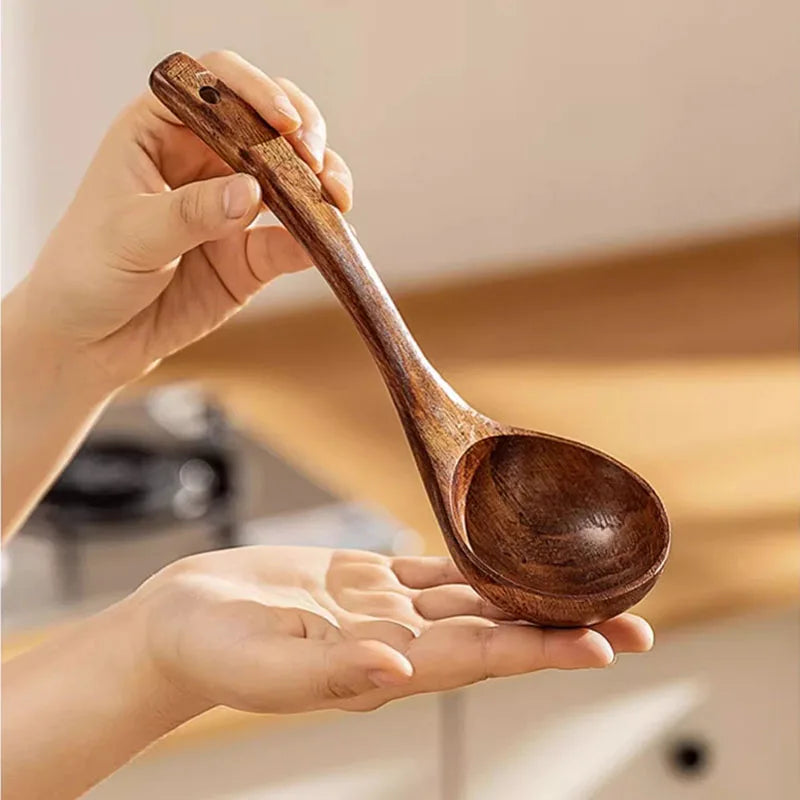 Teak Wooden Ladle Spoon Kitchen Serving Spoon With Back Hooks Non-stick Wooden Soup Ladle   For Cooking Serving And Stirring