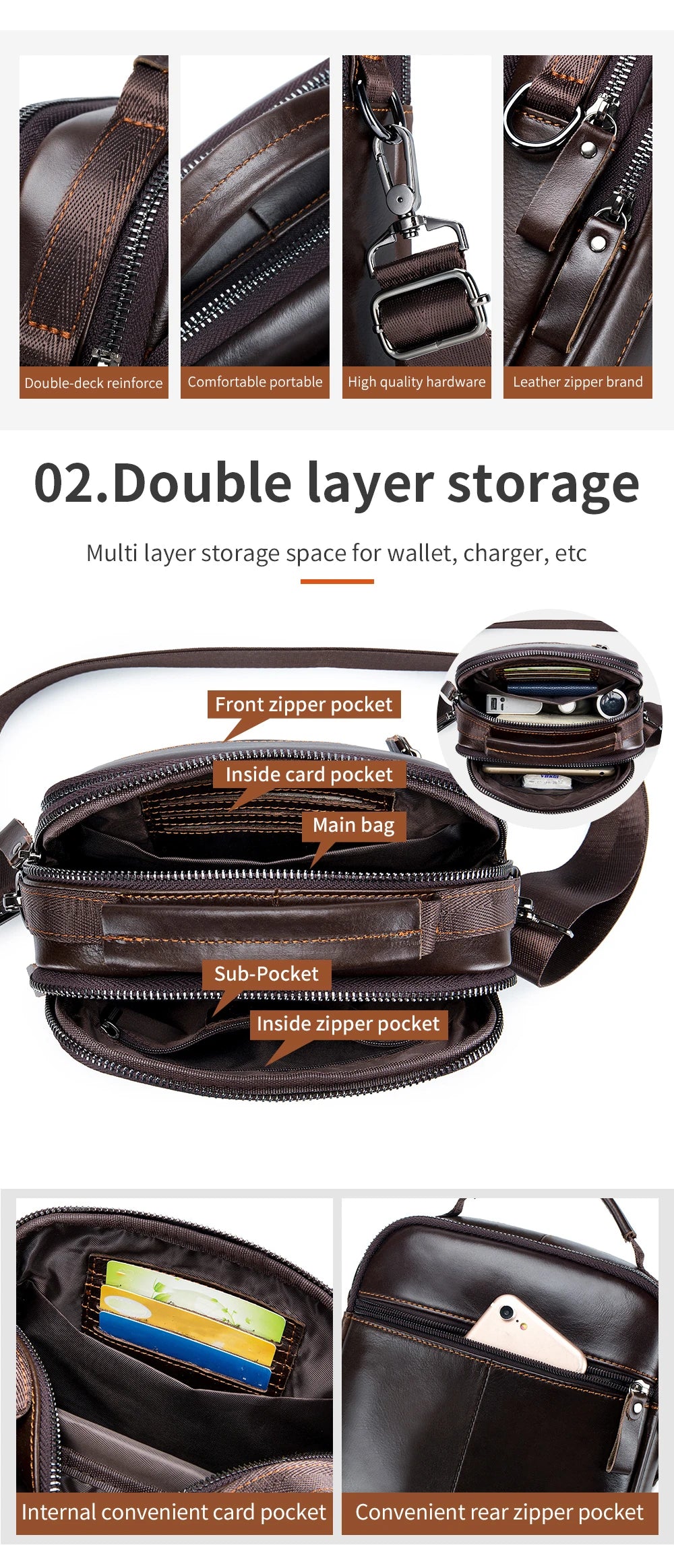 Men's crossbody bag, fashionable leather bag, trendy retro men's top layer cowhide shoulder bag