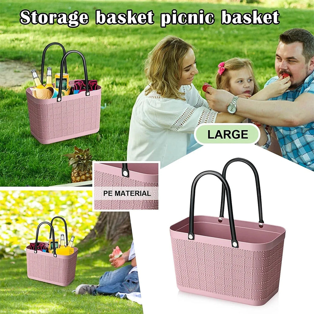 Portable Picnic Tote Shopping Bag Large Capacity  Bag, Large Plastic Utility Basket,Washable Beach Travel Handbag Storage Bags