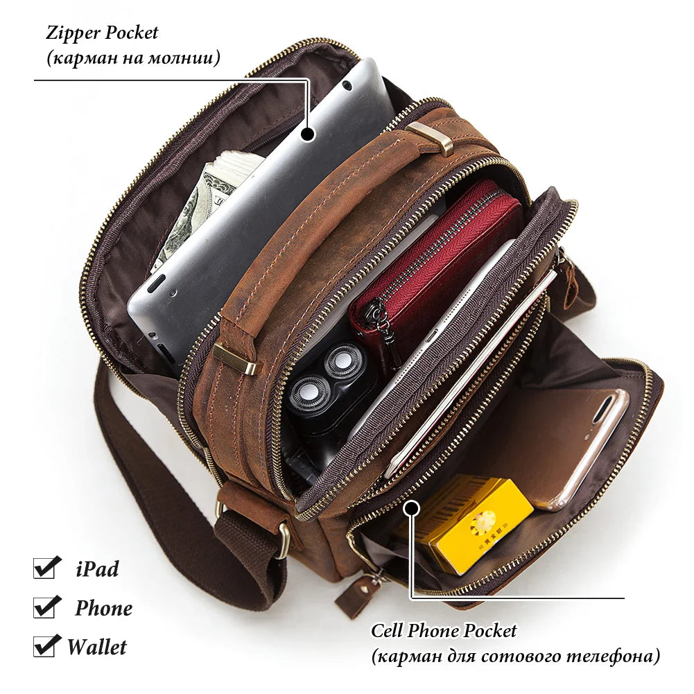 Genuine Leather Men's Shoulder Bag Vintage Cross Bags Large Capacity Male Messenger Tote Bag Travel Bolso Hombres