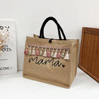 Women Tote Bag Fashion Mama Letter Printing Linen Handbag Large Capacity Baby Diaper Bag Casual Shopping Shoulder Bag Mom Gifts