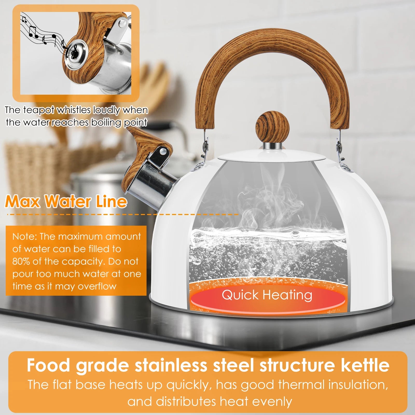 3/2L Tea Kettle w/ Anti-scald Handle Rustproof Whistling Tea Kettle Stainless Steel Stove Top Tea Kettle Whistling Kettle Teapot