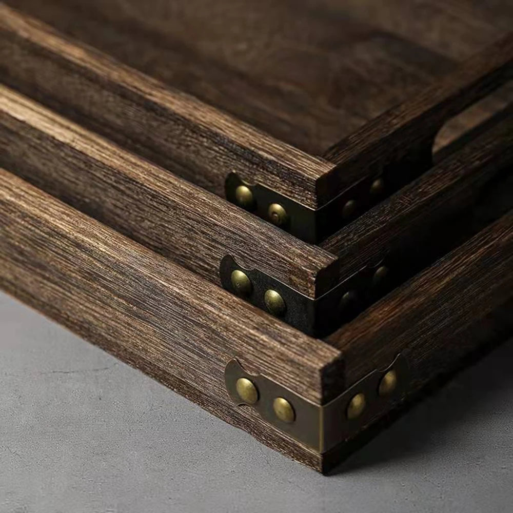 Wooden Rectangular Tea Tray Handmade Classic Wooden Dessert Candy Tea Tray Dinner With Handles Kitchen Decorative Wood Plate