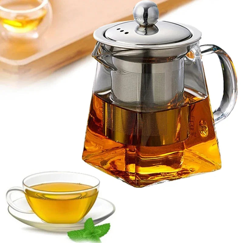 Heat Resistant Glass Teapot With Stainless Steel Coffee Infuser Heated Container Tea Pot Good Clear Kettle Square Filter Baskets