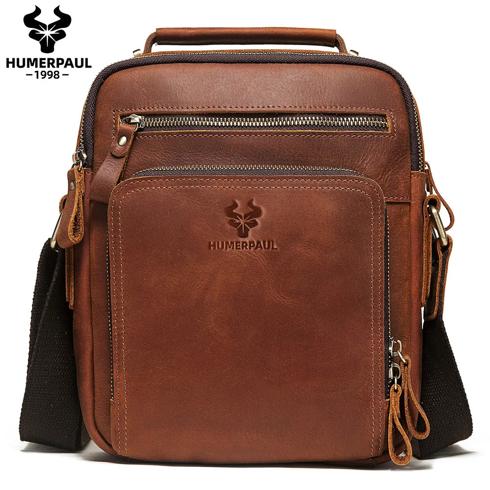 Men's Cowhide Shoulder Bag Casual Crossbody Bags Full Grain Leather Multifunctional Ipad Messenger Handbag Quality