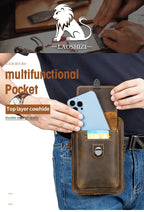 Crazy Horse Skin Men's Wearing Belt Phone Waist Bag Top Layer Cowhide Multi functional Single Shoulder Crossbody Phone Bag